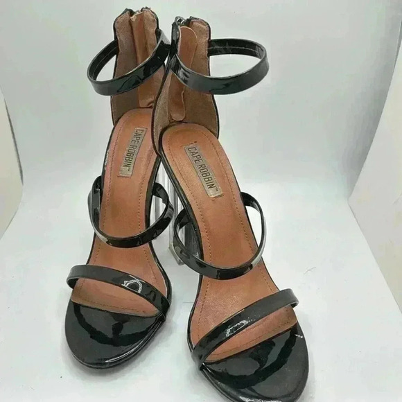 CAPE ROBBIN Maria black strappy glitter core block heel sandals - Picture 7 of 9